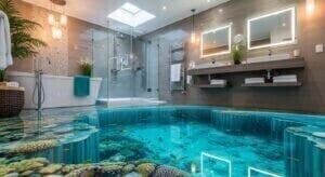 Modern dekorasyonlu bir evin banyosunda uygulanan, kesintisiz ve parlak beyaz ve mavi renkte epoksi zemin.