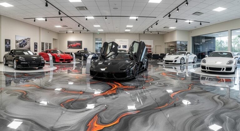 Siyah ve gri mermer desenli, parlak epoksi zeminli, lüks süper spor araçların sergilendiği modern bir galeri iç tasarım mekanı.