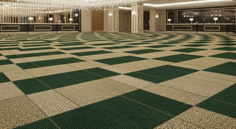 Otel lobisinde lacivert ve altın rengi karo halı döşemesi