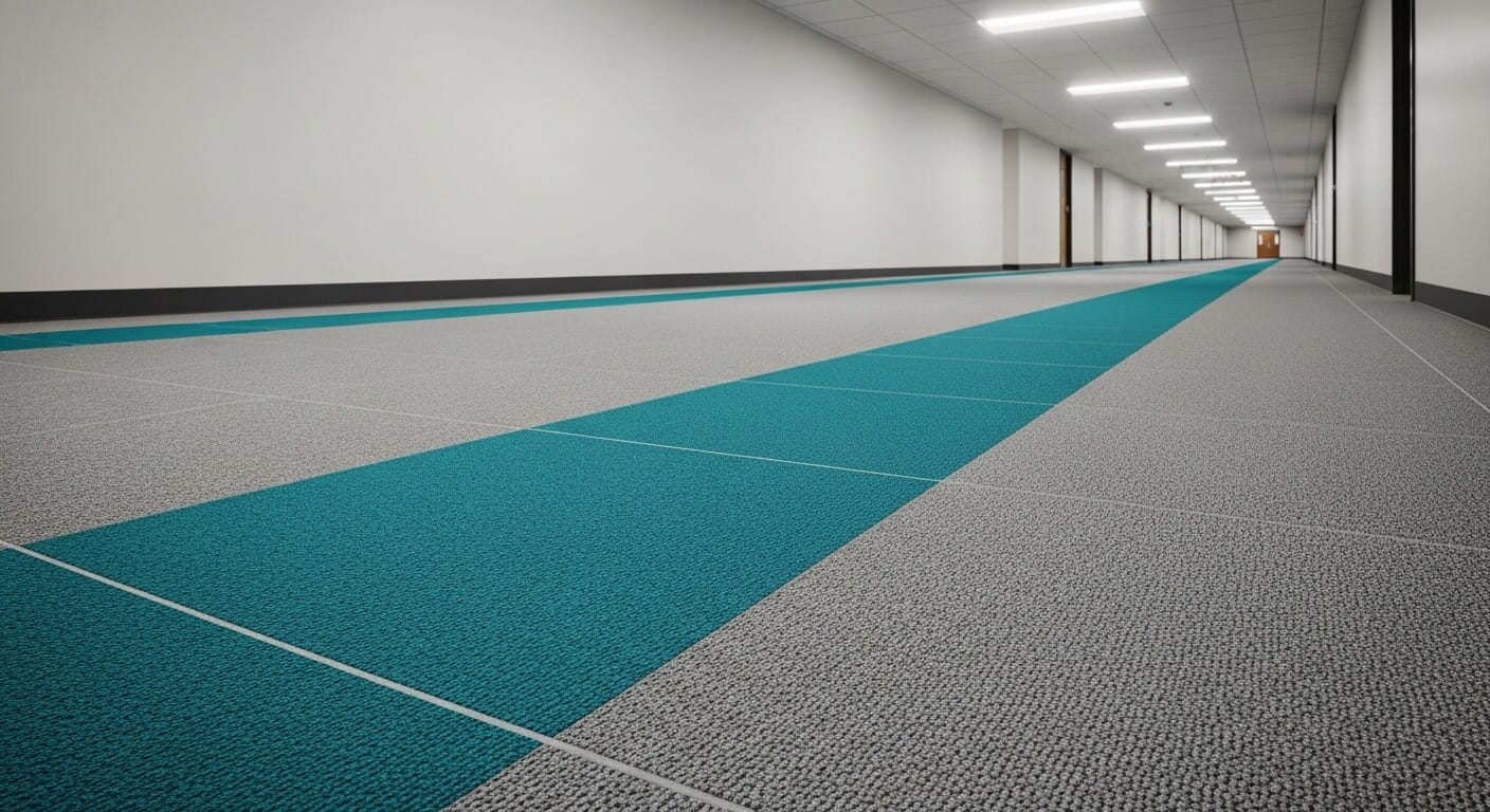 Koridorlarda d&uuml;zg&uuml;n zemin &uuml;zerine ofis halısı montaj uygulaması