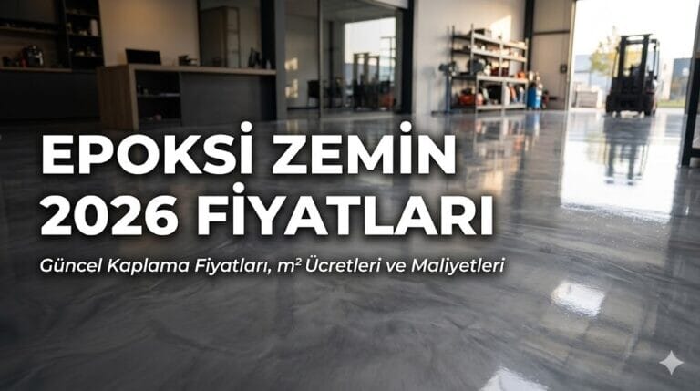 Parlak gri epoksi zemin kaplaması üzerinde yer alan Epoksi Zemin 2026 Fiyatları